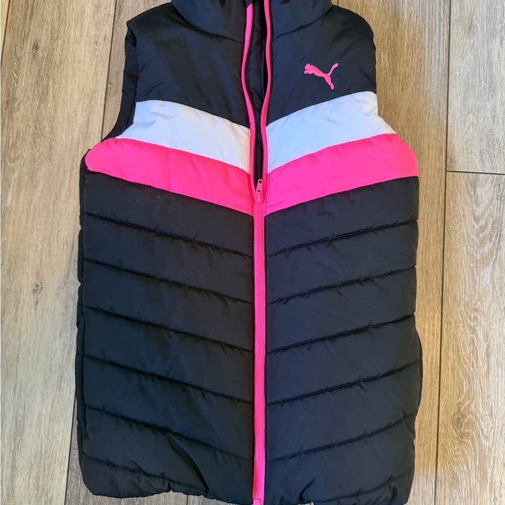 Puma Kids Puffer Vest Black with Pink & White Stripe – Size Medium (10/12)